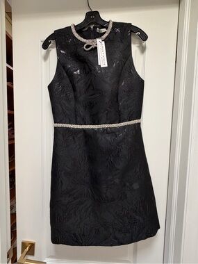 Alice + Olivia Black Textured Mini Dress with Beaded Trim